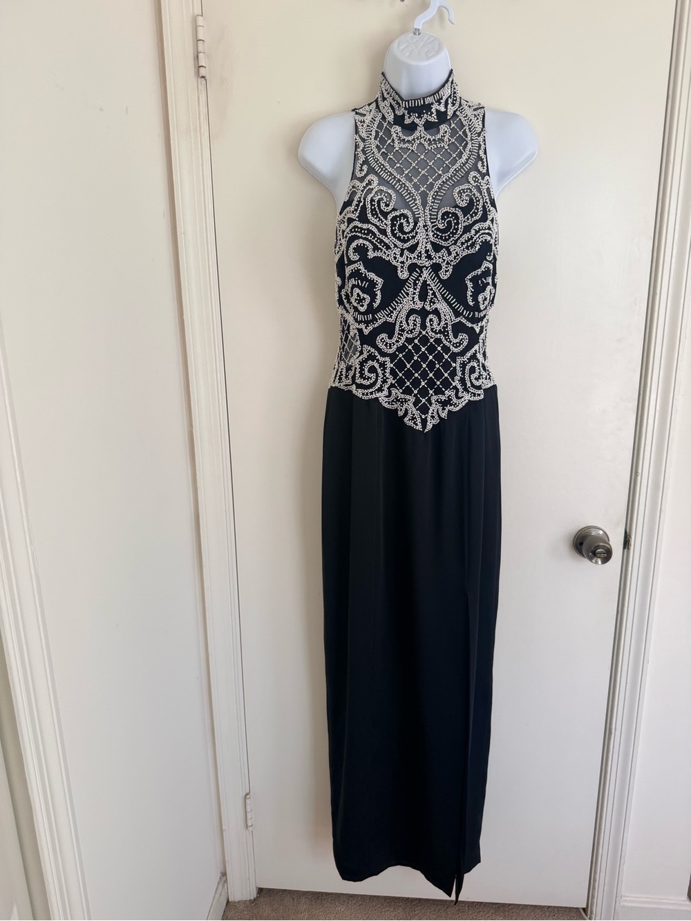 Stunning Black & White Beaded Halter Evening Slit Dress